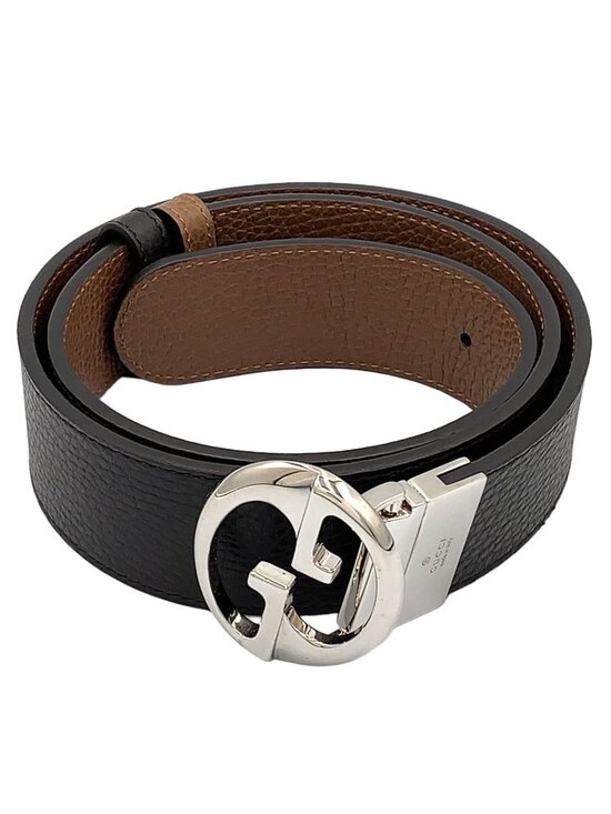 Gucci Interlocking Reversible Leather Brown Black Belt Silver